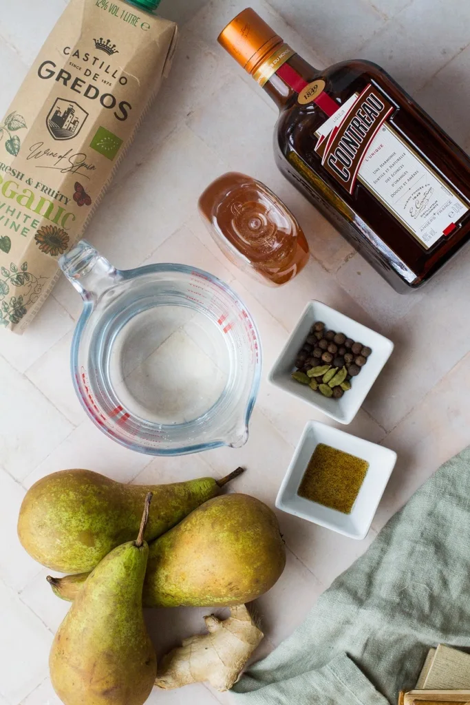 Ingredients to make pear mulled white wine.