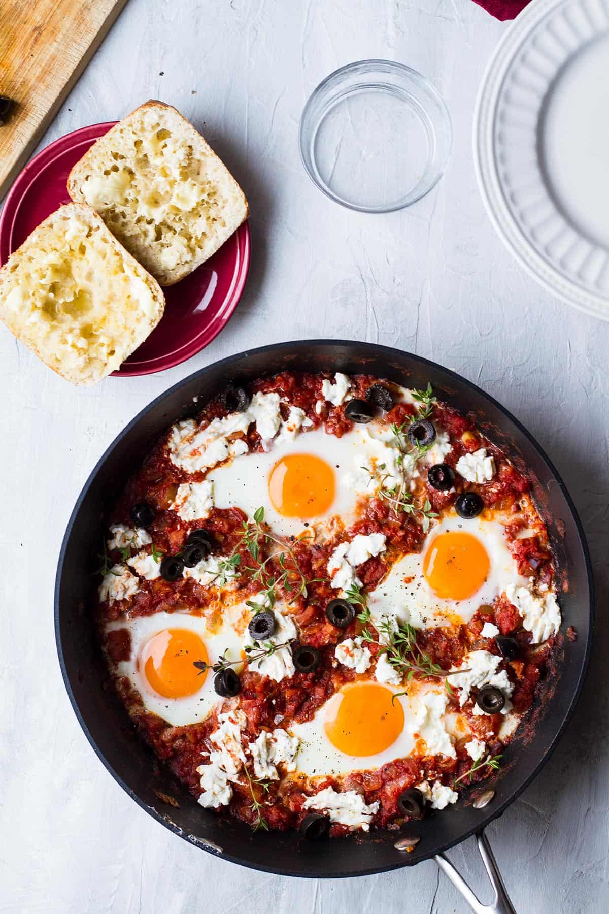 Shakshuka in a skillet seen from above.