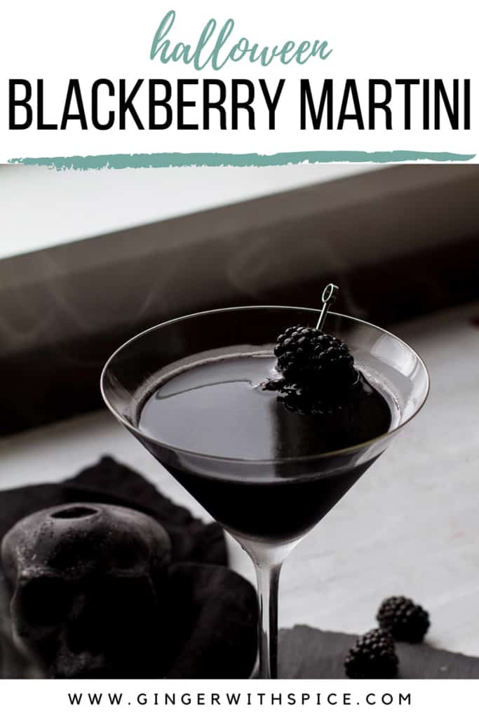 Blackberry martini in a martini glass. Pinterest pin with text overlay at the top.