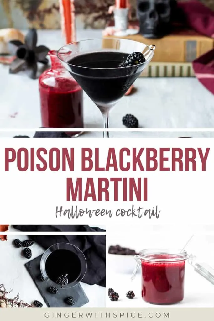 Three images from the post and red text overlay in the middle: Poison Blackberry Martini. Pinterest pin.