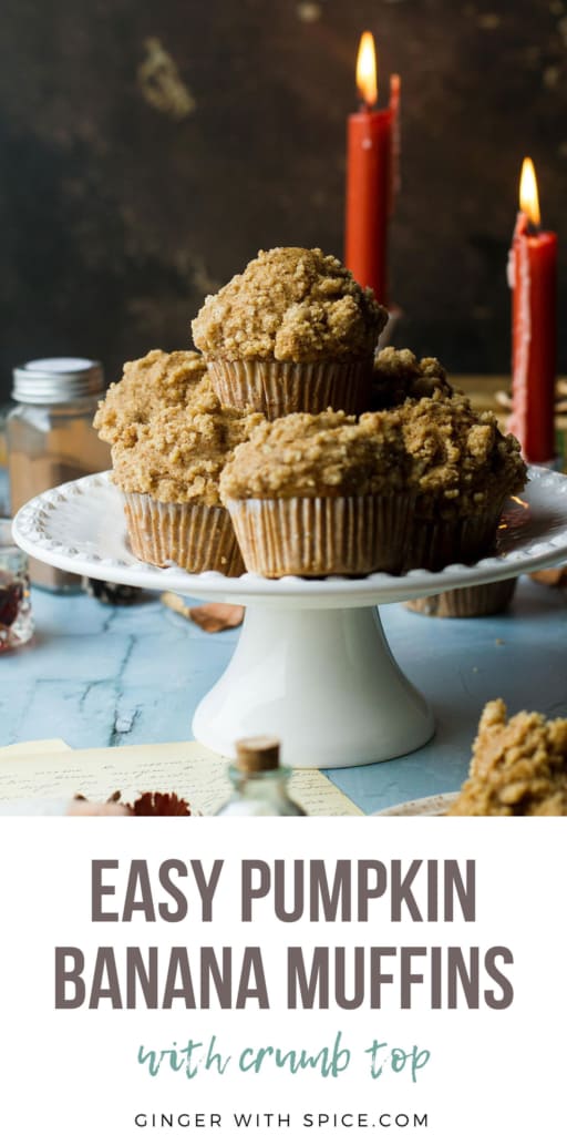 Pinterest pin with one image of the pumpkin banana muffins on a cake stand, text below.