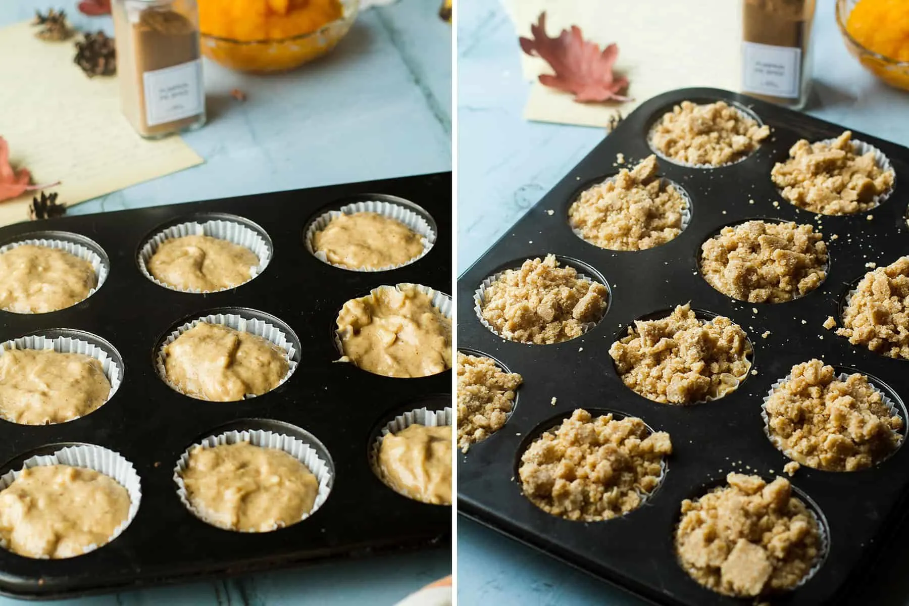 Two images, one image of the batter in muffins tins and one with the crumb topping too.