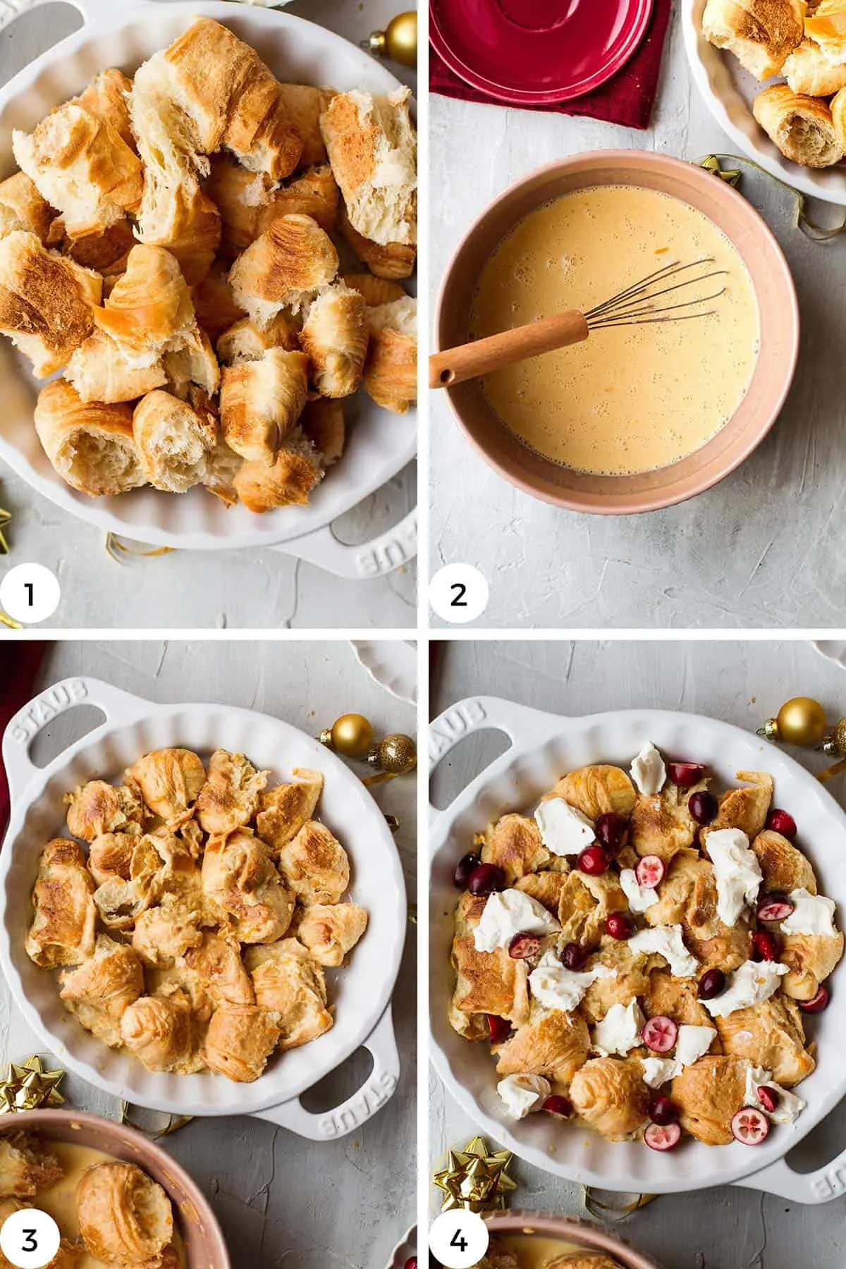 Steps to make the croissant French toast casserole. 