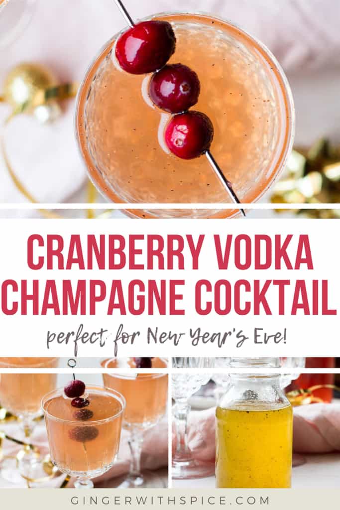 Three images from the post and red text overlay in the midle: 'Cranberry Vodka Champagne Cocktail'. Pinterest pin.