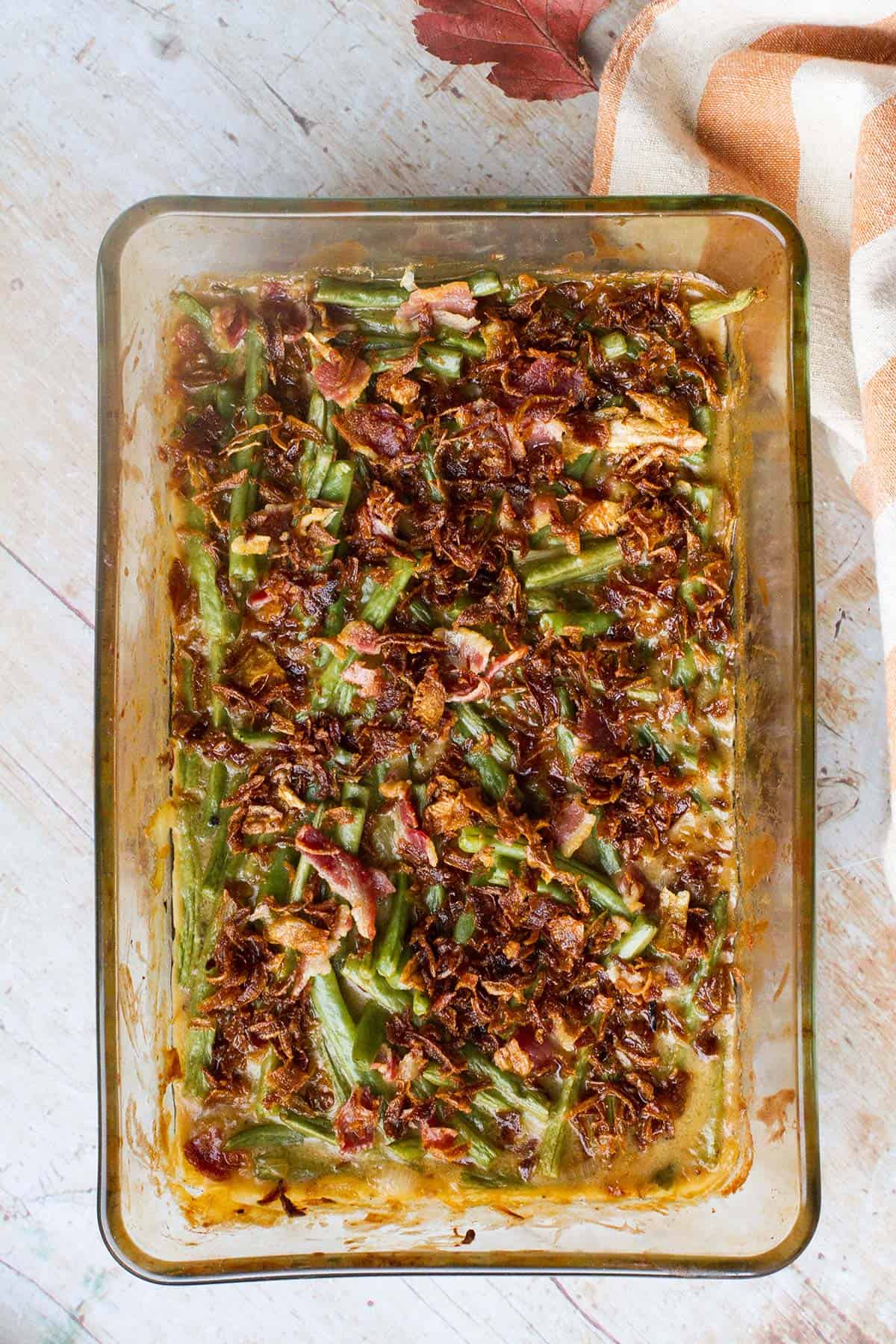 Close-up from above of the green bean casserole.