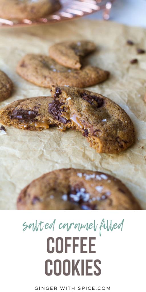 Close-up of a broken cookie to show the caramel inside. Pinterest pin.