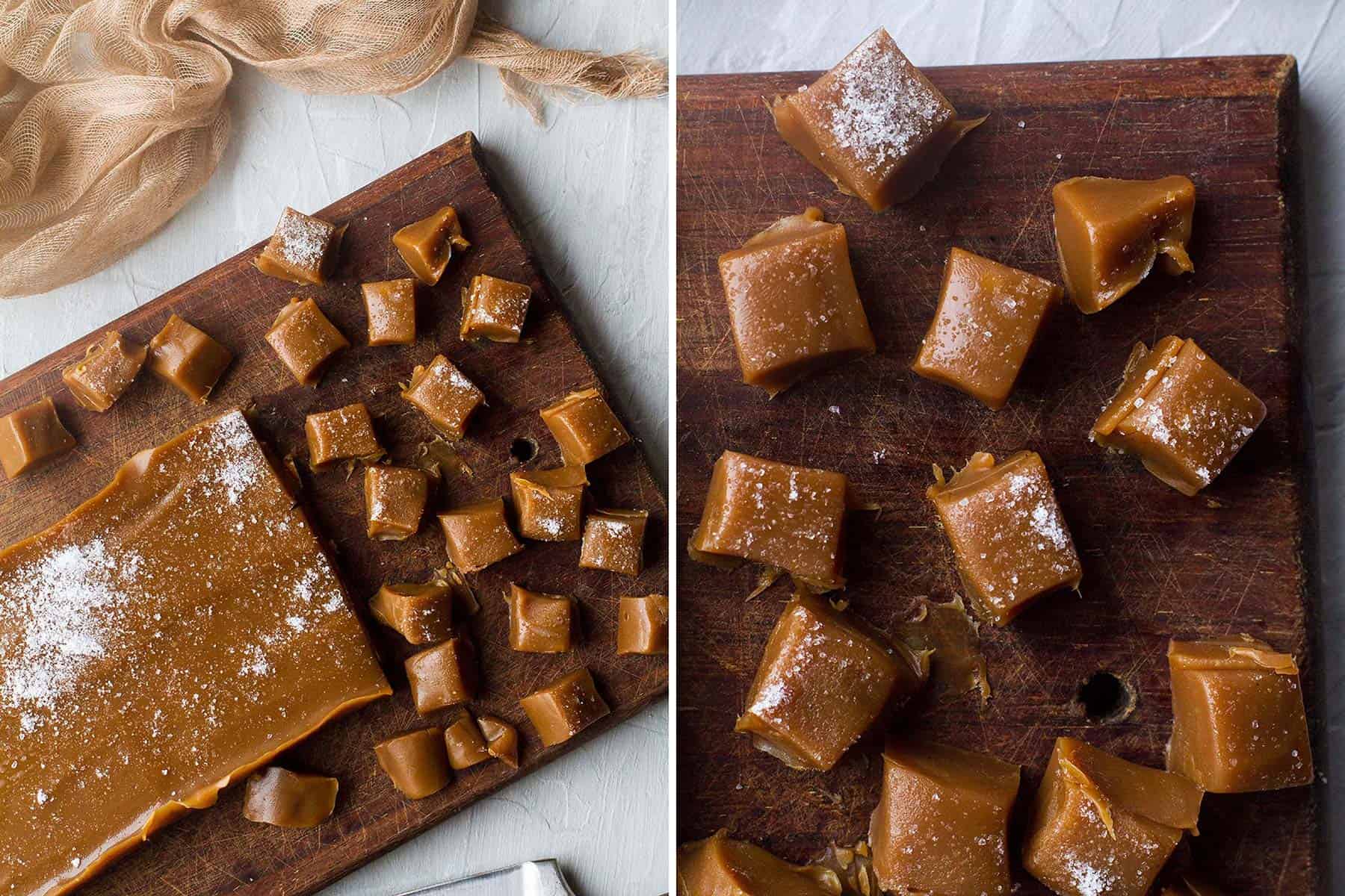 A diptych of salted caramels on a wooden cutting board.