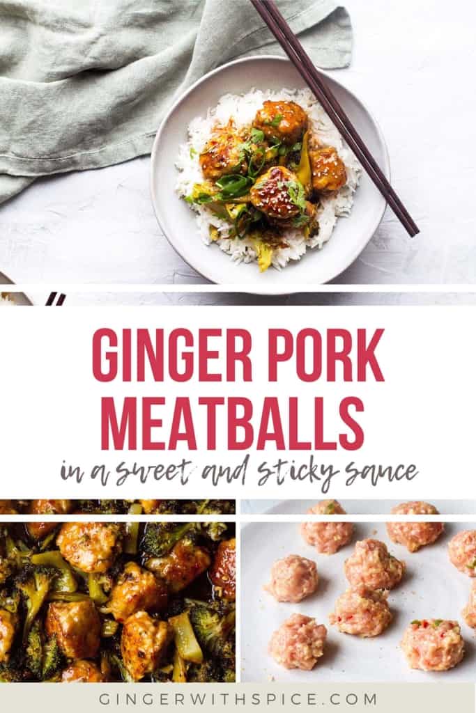 Three images from the post and red text overlay in the middle: 'Ginger Pork Meatballs'.
