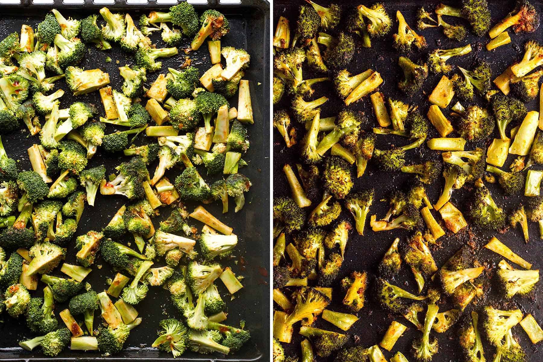Diptych of the broccoli before and after baking.