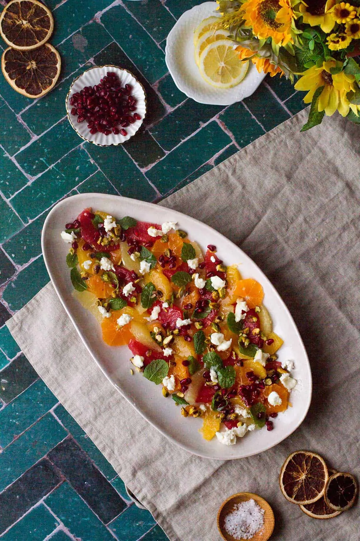 The pomegranate honey citrus salad seen from above.