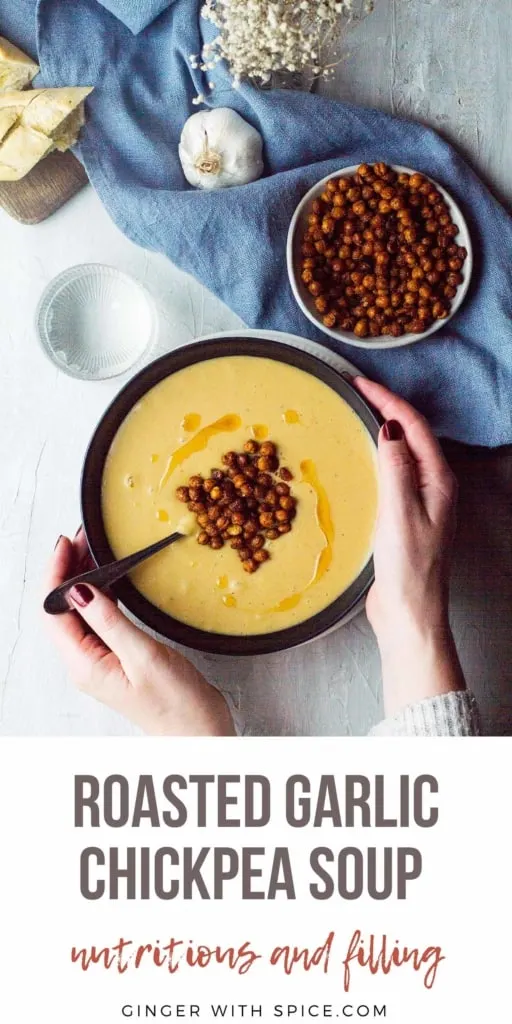 Hands holding a bowl of chickpea soup, text at the bottom. Pinterest pin.