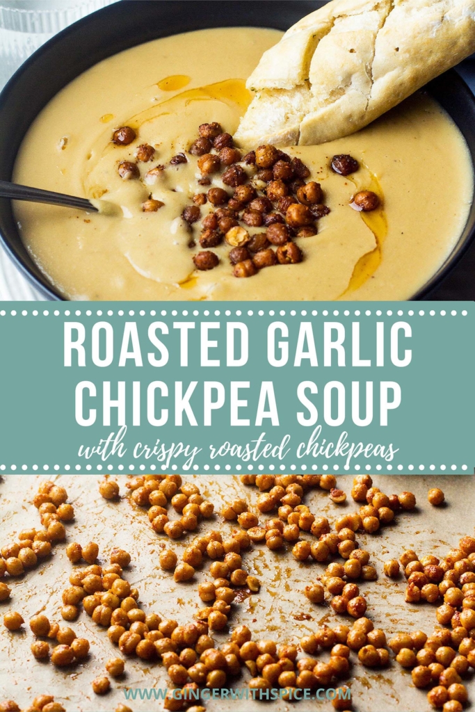 Pinterest pin with two images of chickpea soup. Pinterest pin.