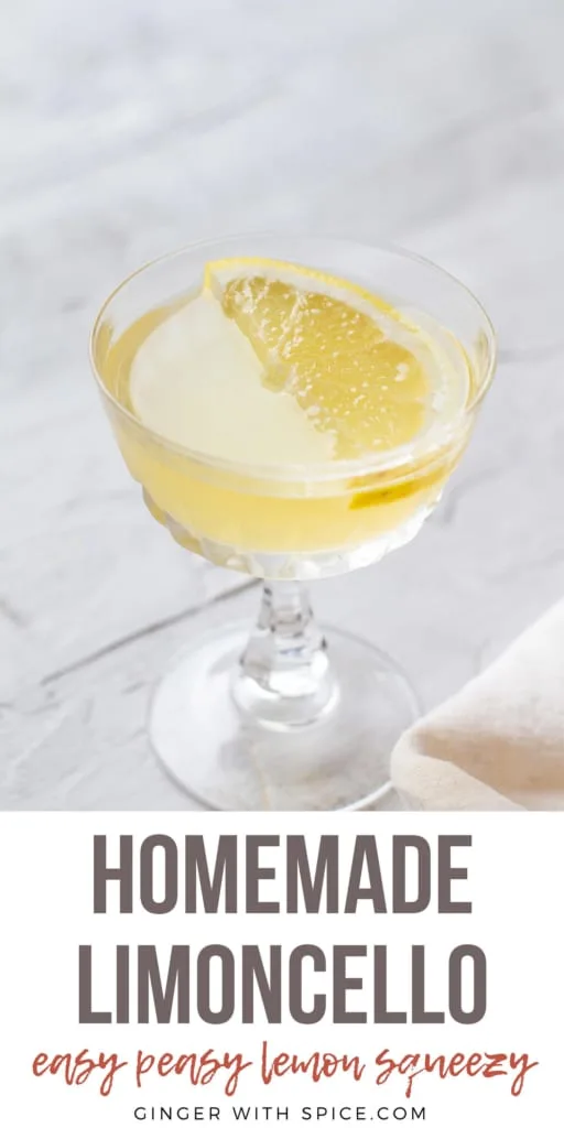 Pinterest pin with an image of a vintage glass with chilled limoncello.