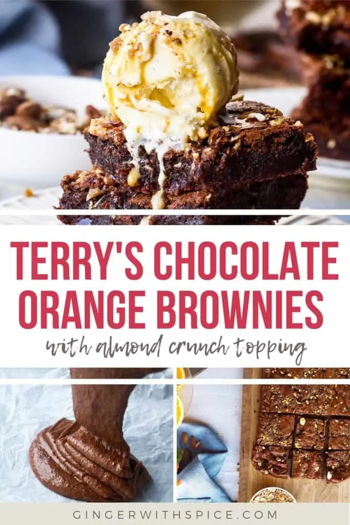 Three images of orange brownies and red text overlay in the middle. Pinterest pin.
