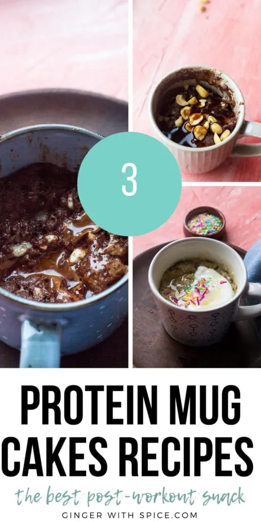 Pinterest pin with three images from the post and text overlay: 3 protein mug cakes.