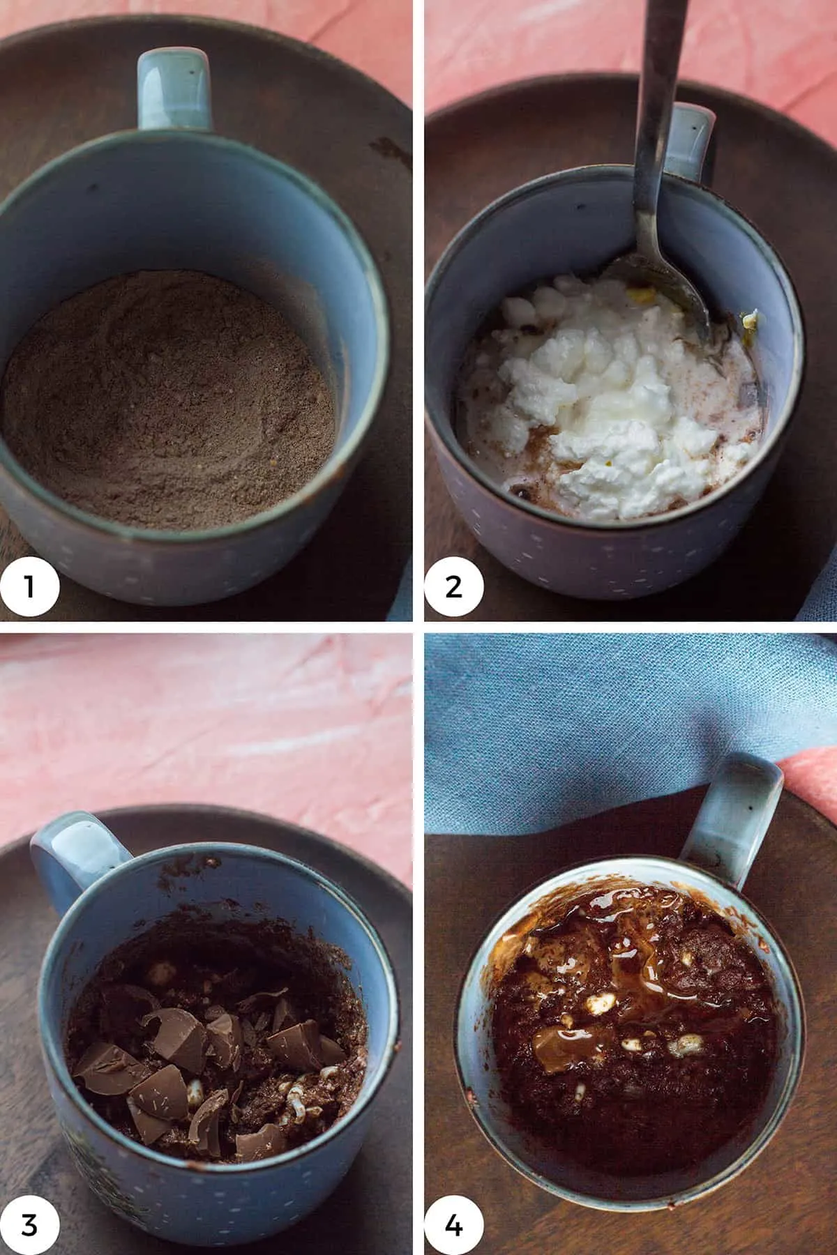 Steps to make the chocolate protein mug cake.