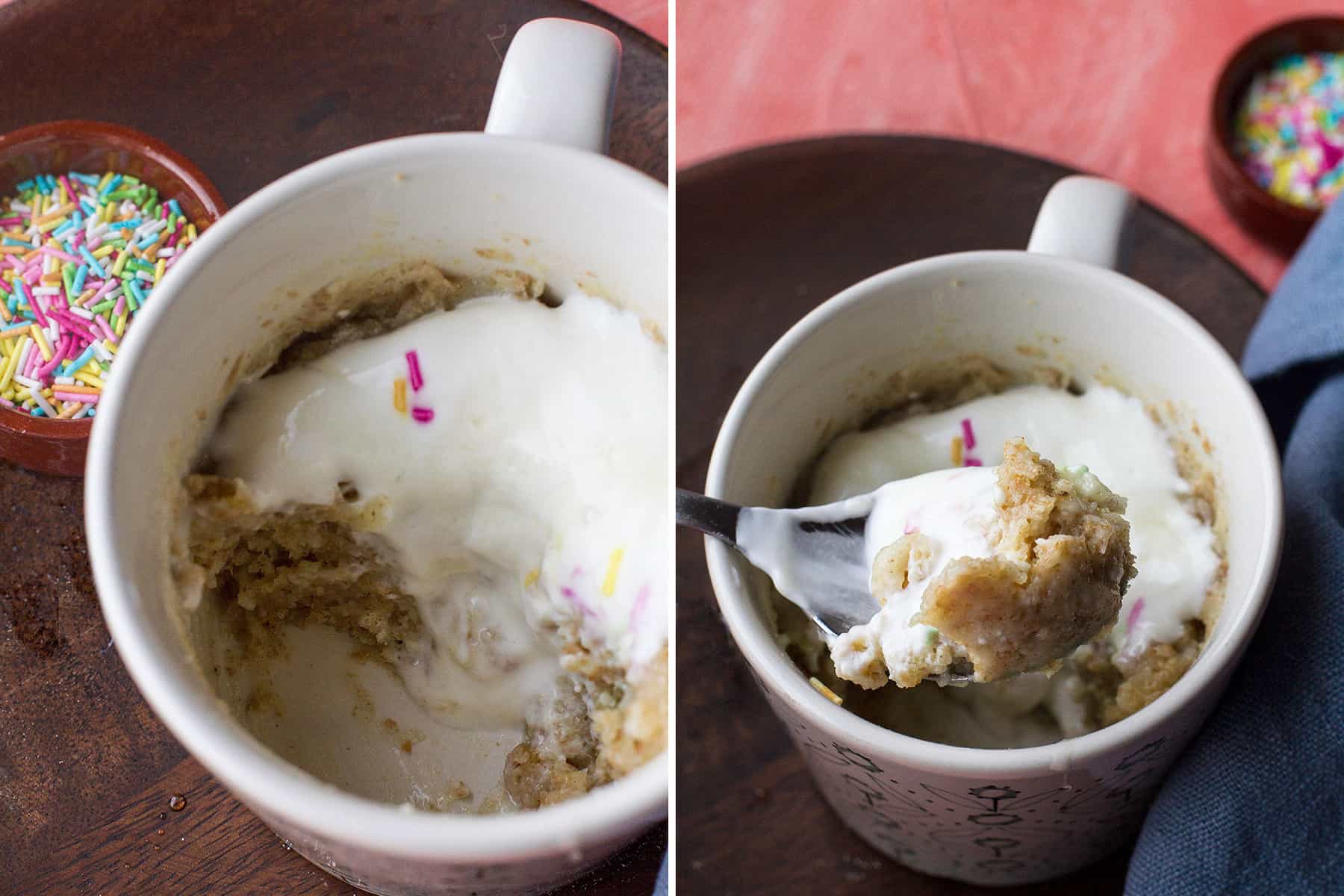 Two images to show the texture of the funfetti vanilla cake.
