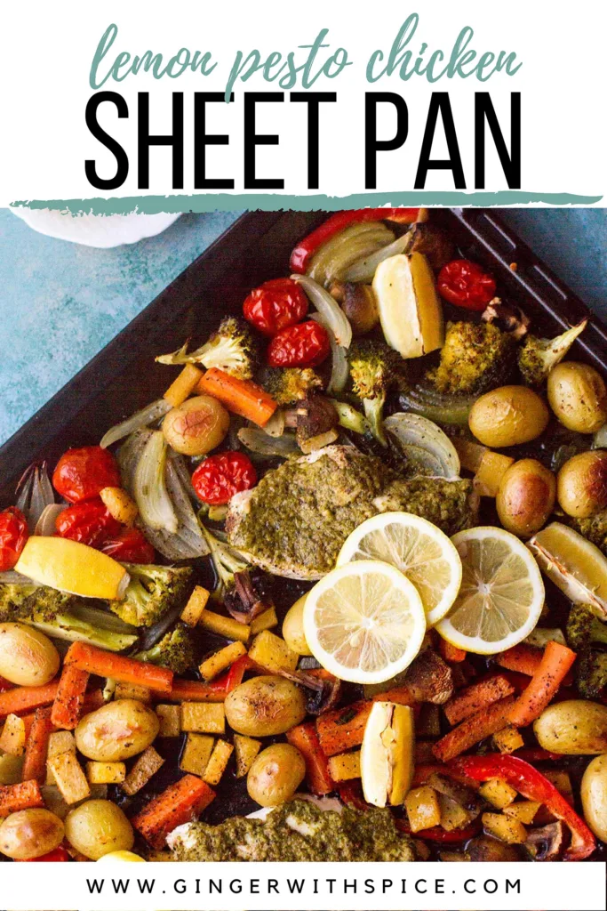 Lemon pesto chicken tray bake with title text at the top. Pinterest pin.