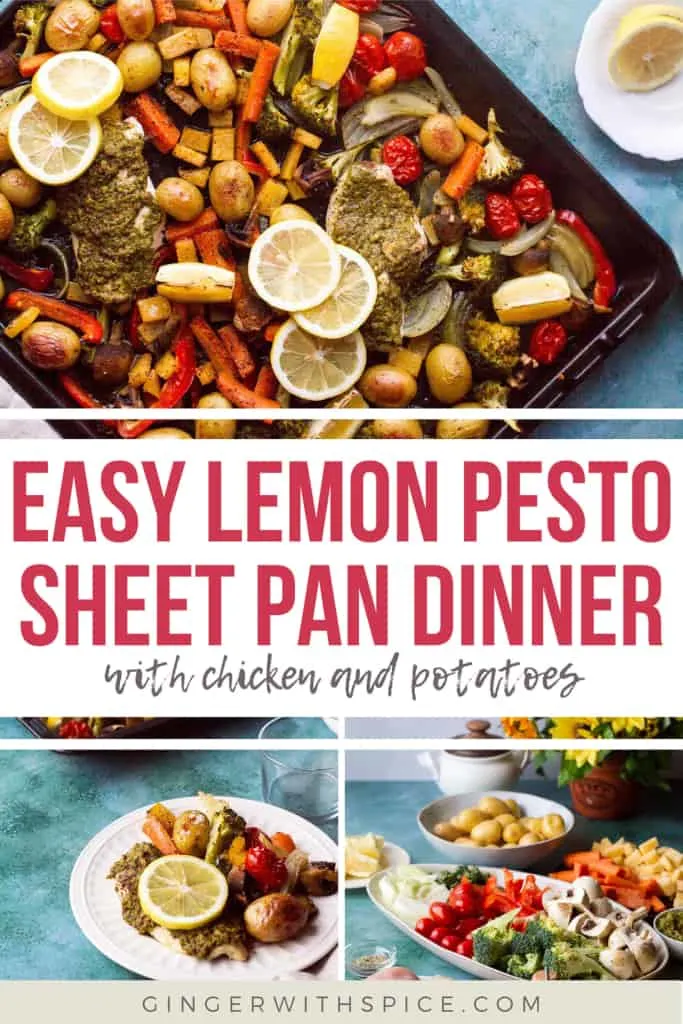 Three images from the post and red text overlay in the middle: Easy Lemon Pesto Sheet Pan Dinner. Pinterest pin.