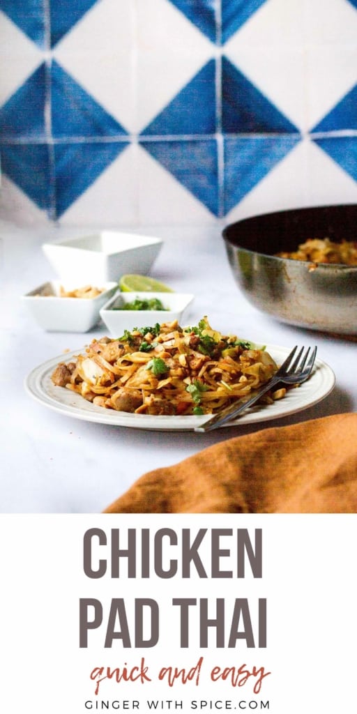 Pinterest pin for chicken and cabbage pad Thai.