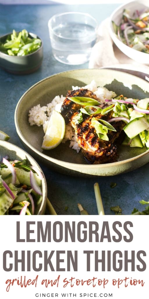 Long Pinterest pin with an image of lemongrass grilled chicken thighs.