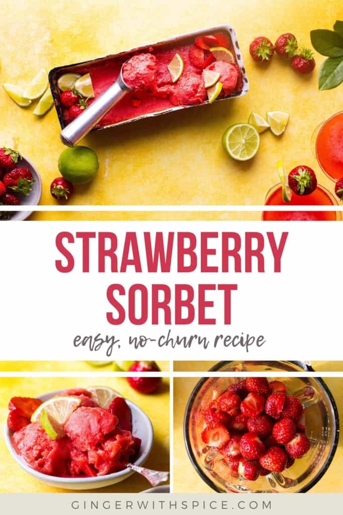 Pinterest pin with three images from the post of different stages of the strawberry sorbet.
