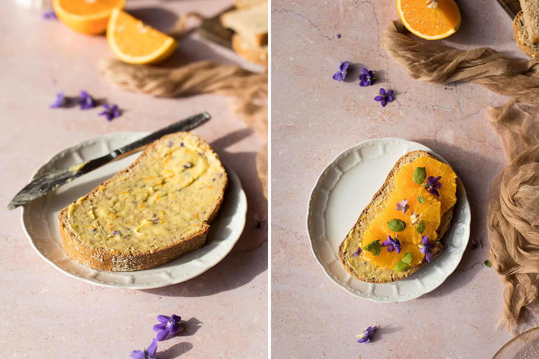 Diptych of a toast with flower honey butter and orange slices.