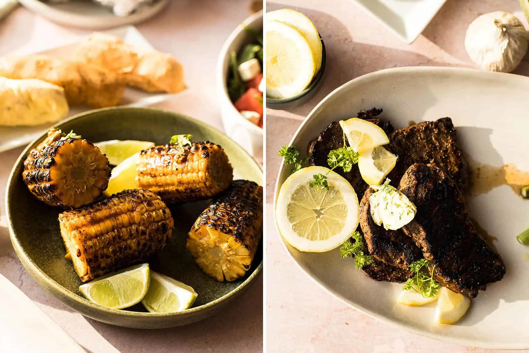 Diptych of grilled corn and grilled steak.