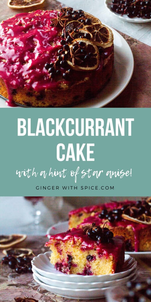 Two images of the cake with blackberries, and title text in the middle. Pinterest pin.