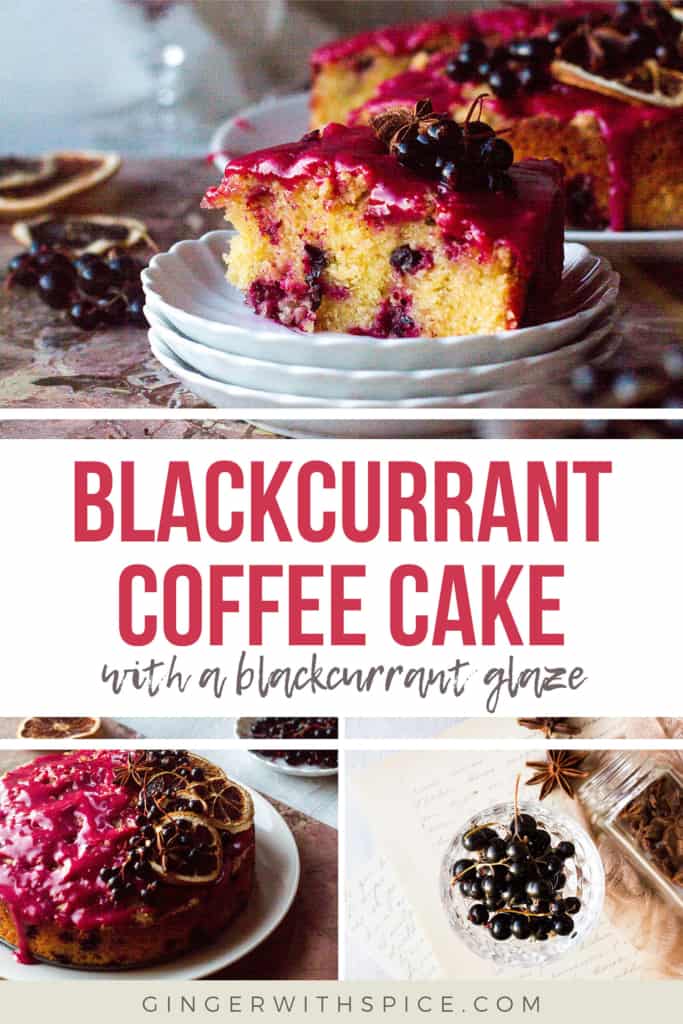 Three images of blackcurrant cake with the title text in the middle. Pinterest pin.