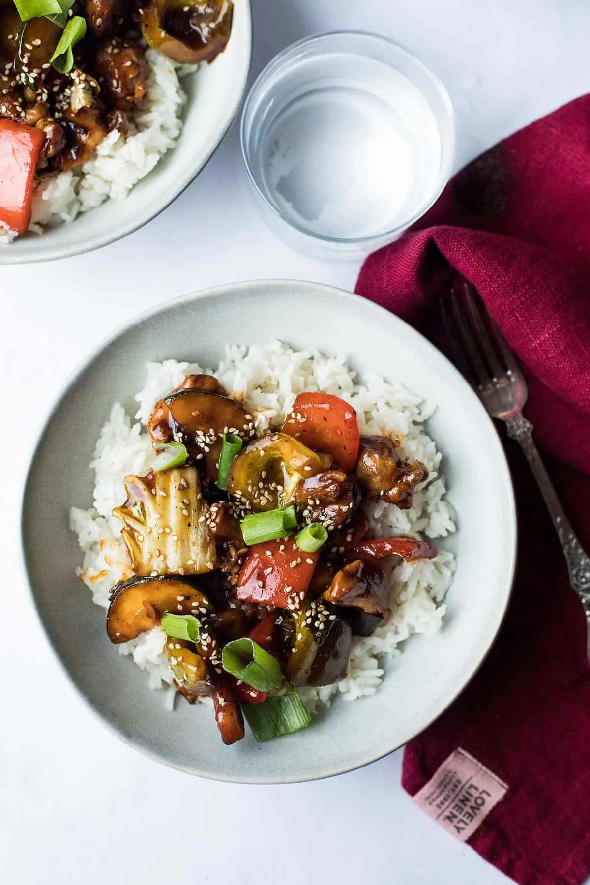 Chicken and vegetables in sweet and sticky sauce.