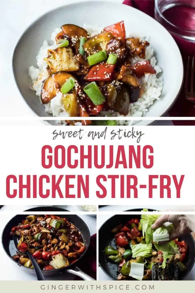 Three images from the post and red text overlay in the middle: Gochujang Chicken Stir-Fry. Pinterest pin.