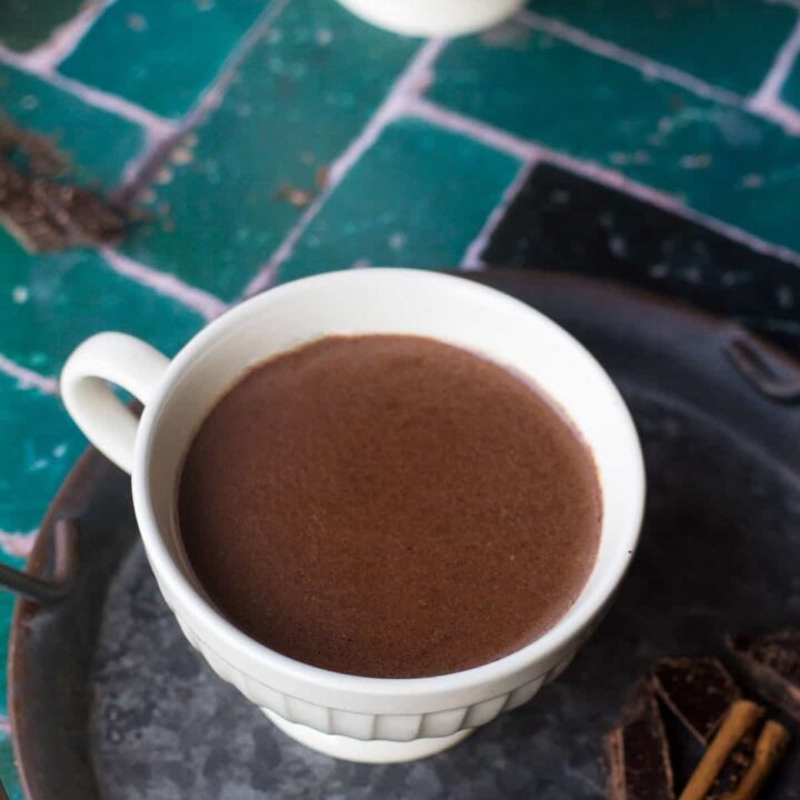 Hot chocolate in a white cup.