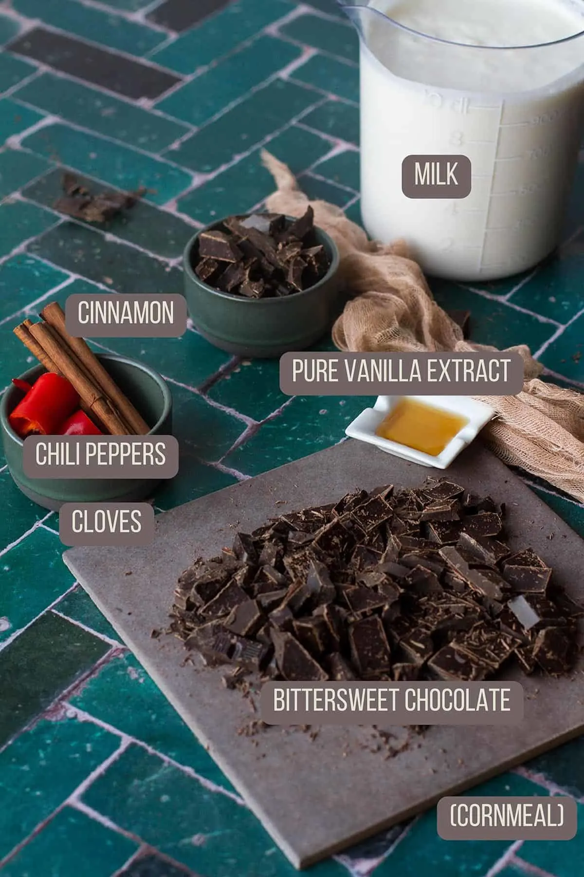 Ingredients to make spicy hot chocolate with chili.