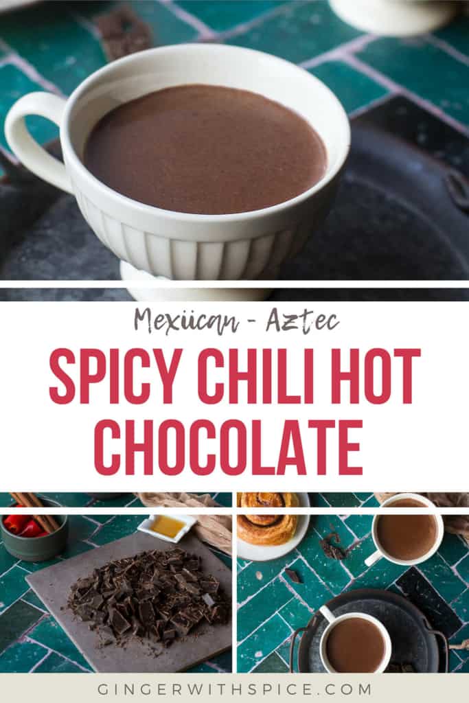 Pinterest pin with three images from the post and red text overlay in the middle: Spicy chili hot chocolate.
