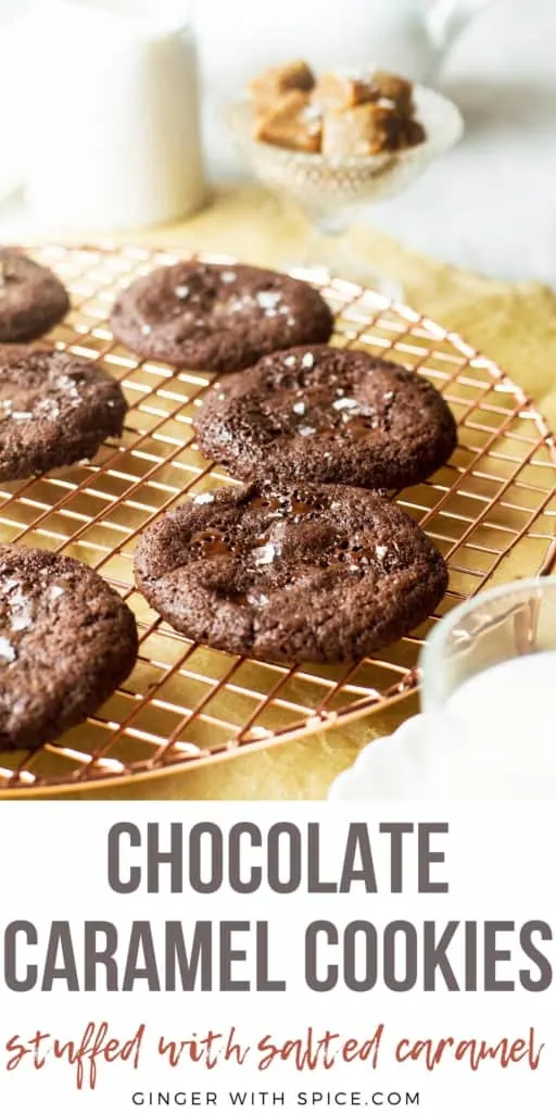 Pinterest pin with one image of chocolate cookies on a cooling rack.