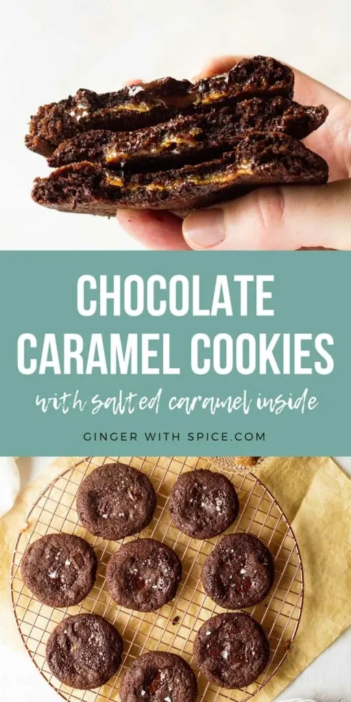 Two images from the post and white text over a turquoise background in the middle saying: Chocolate Caramel Cookies.