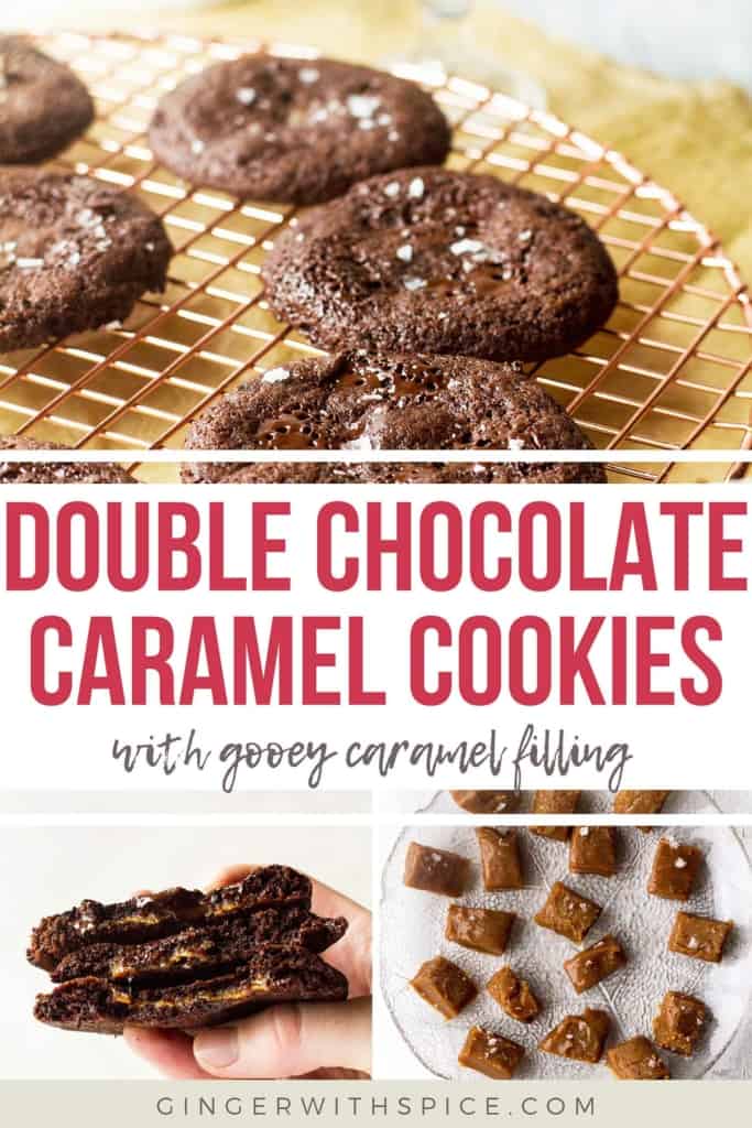 Pinterest pin with three images from the post and red text overlay with the title: Double chocolate caramel cookies.