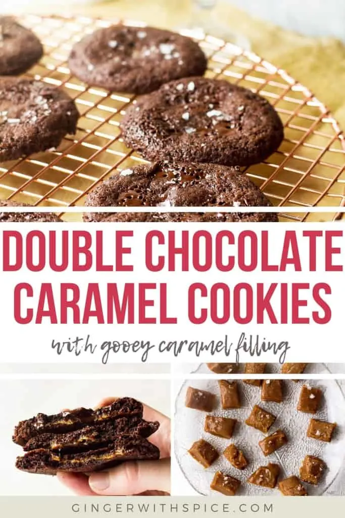 Pinterest pin with three images from the post and red text overlay with the title: Double chocolate caramel cookies.
