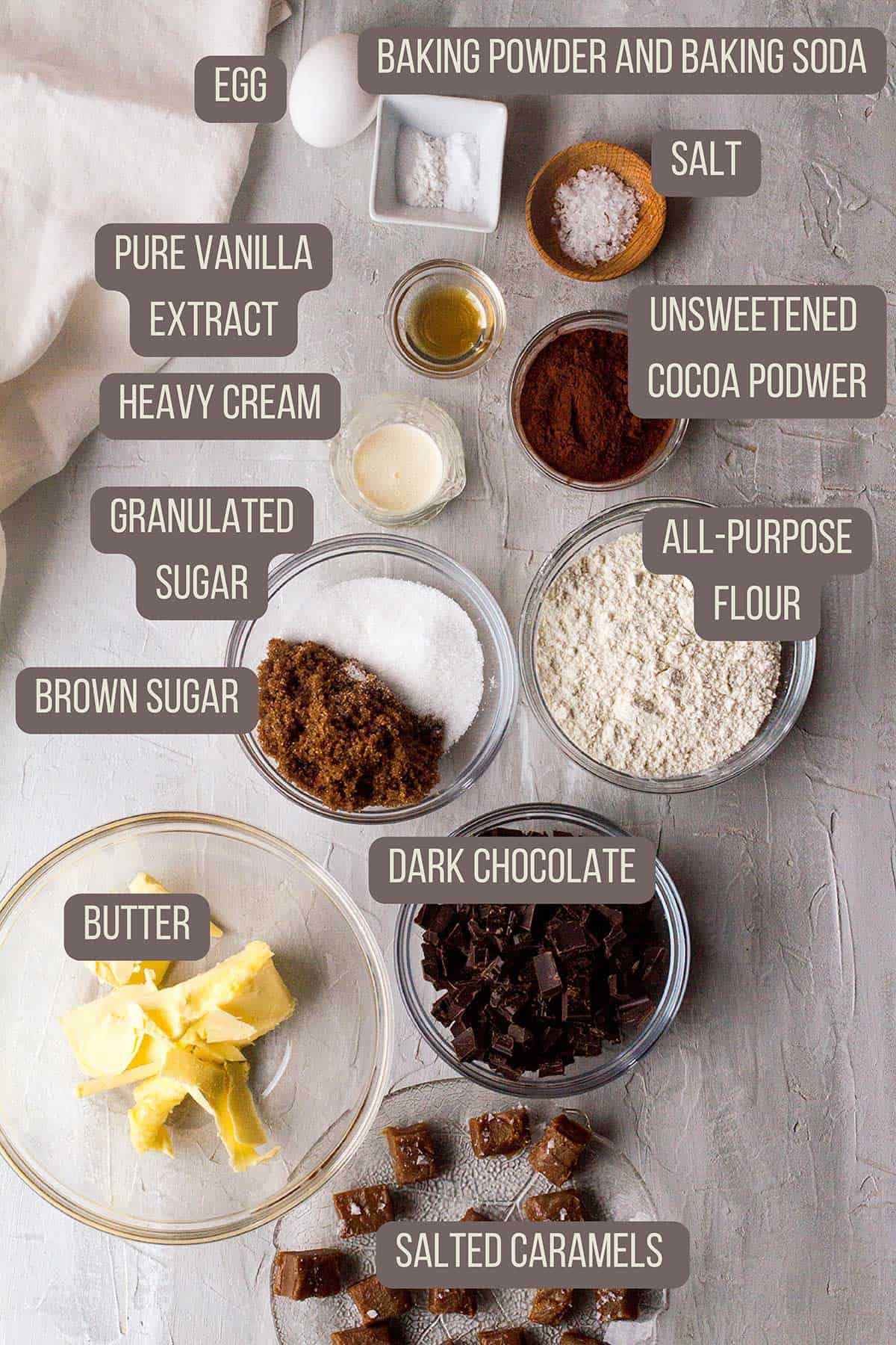 Ingredients for double chocolate caramel cookies.