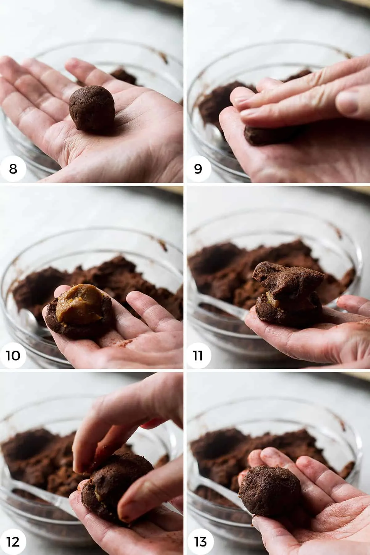 Steps to shape the cookie balls with salted caramels inside.