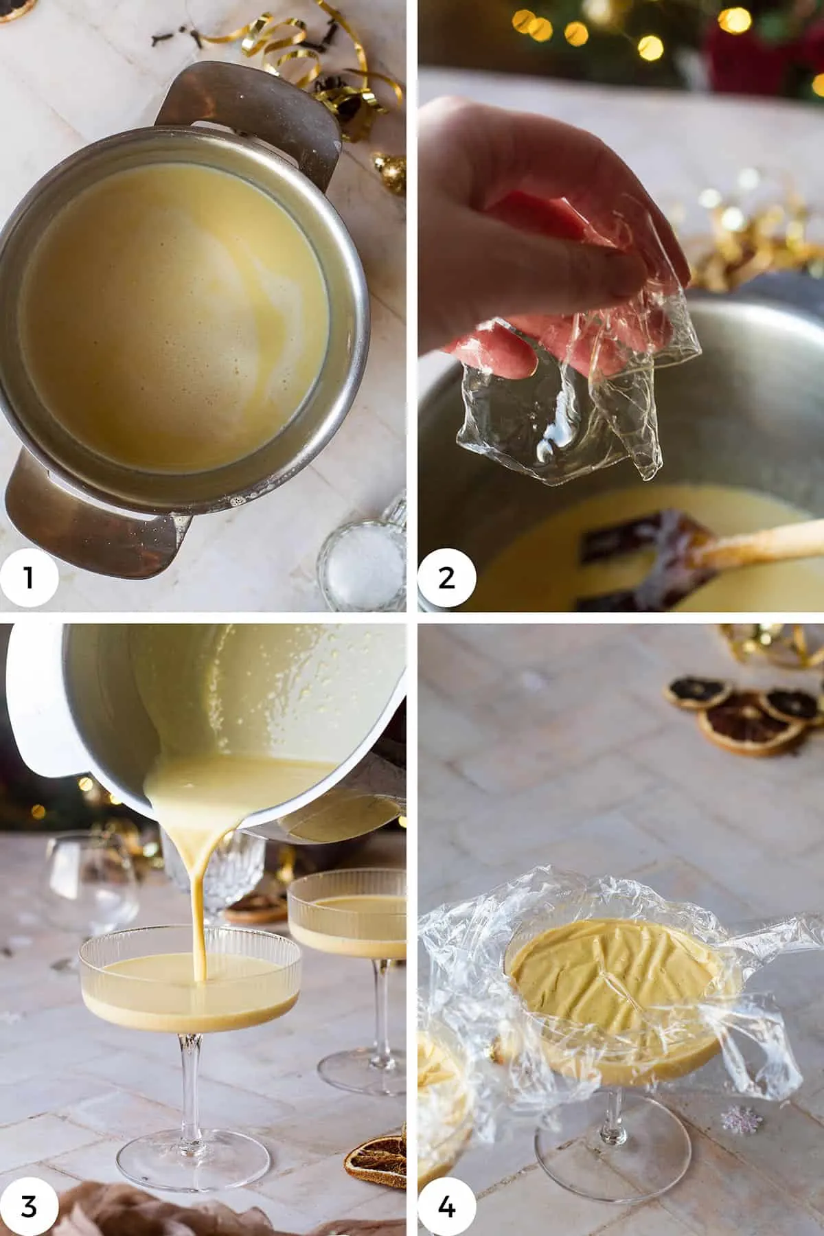 Steps to make the eggnog panna cotta.