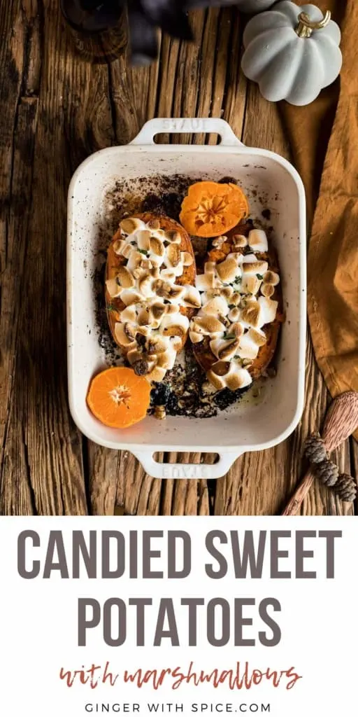 White casserole with two sweet potato boats with marshmallows. Pinterest pin.