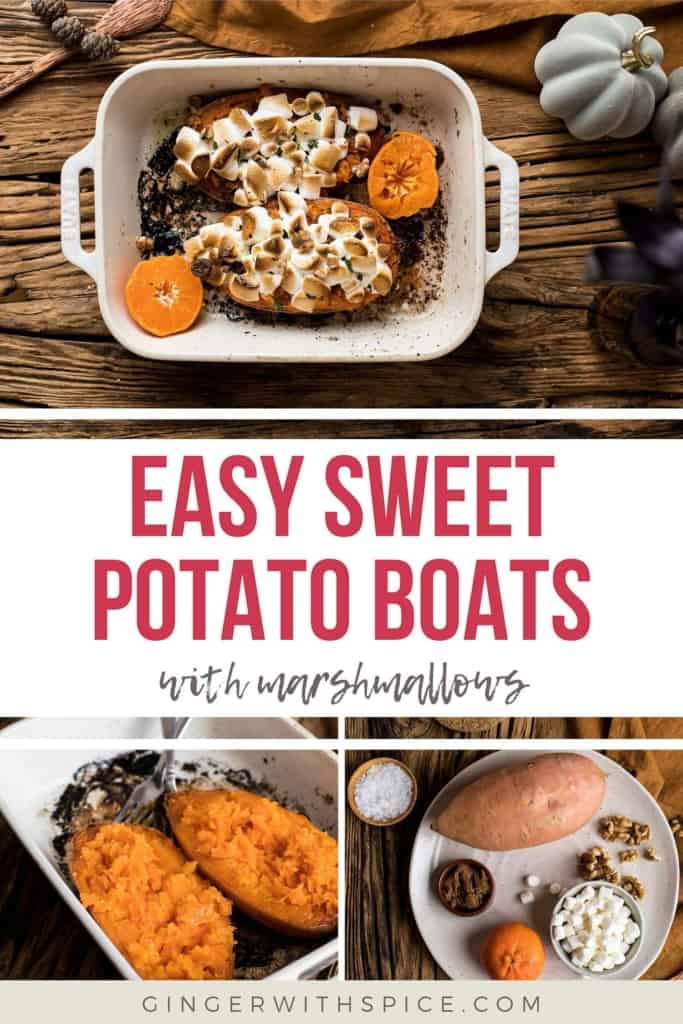Three images from the post and red text overlay in the middle: Easy Sweet Potato Boats.