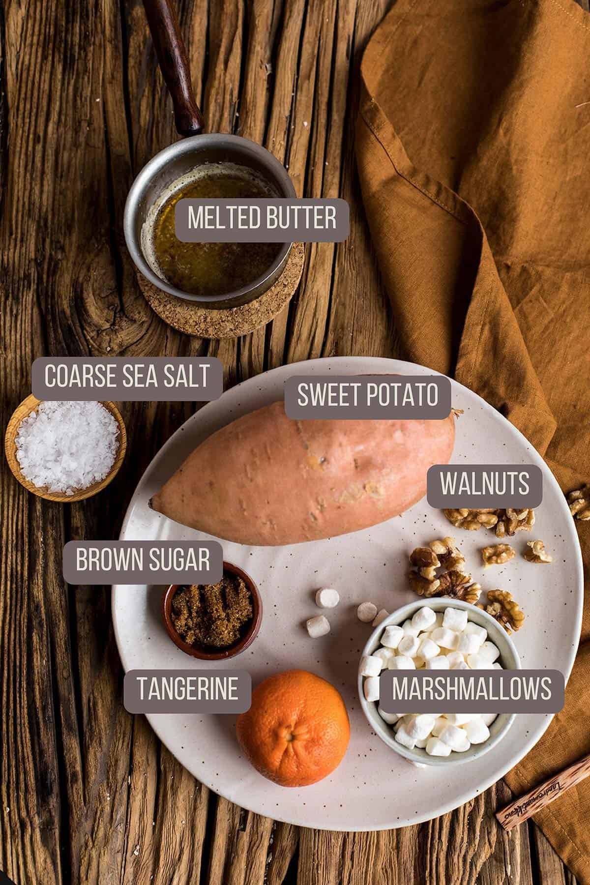 Ingredients to make candied sweet potato boats with marshmallows.