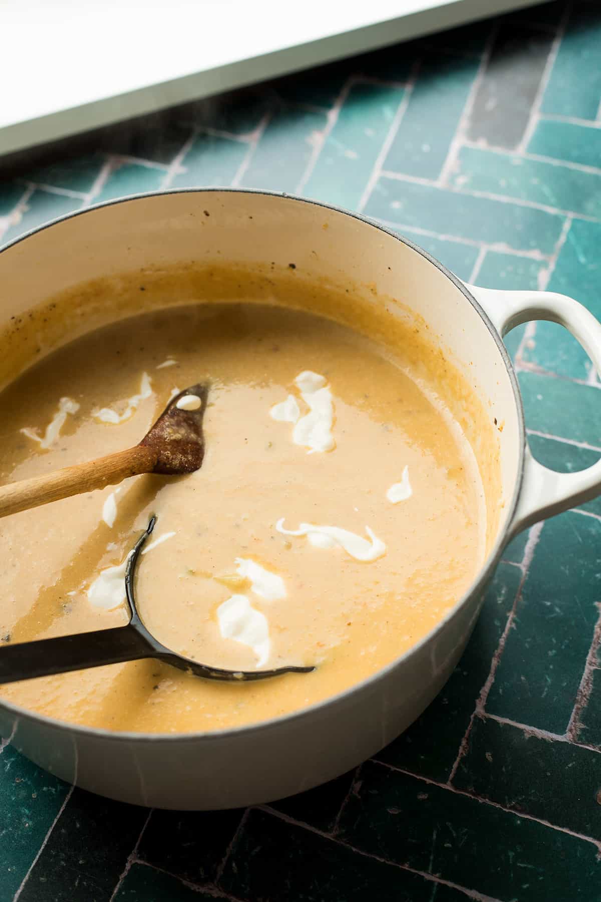 Backlit casserole with potato soup.