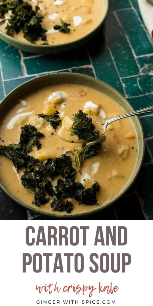 Spoon taking a spoonful of carrot and potato soup. Pinterest pin.