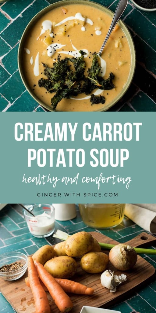 Long Pinterest pin of lightened-up carrot and potato soup.