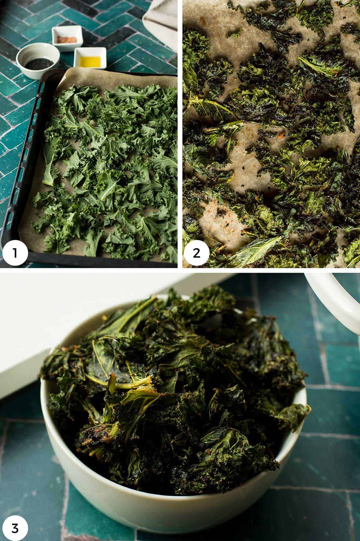 Steps to make kale chips.