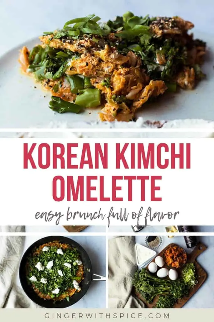 Two images from the post and red text overlay in the middle: Korean Kimchi Omelet.